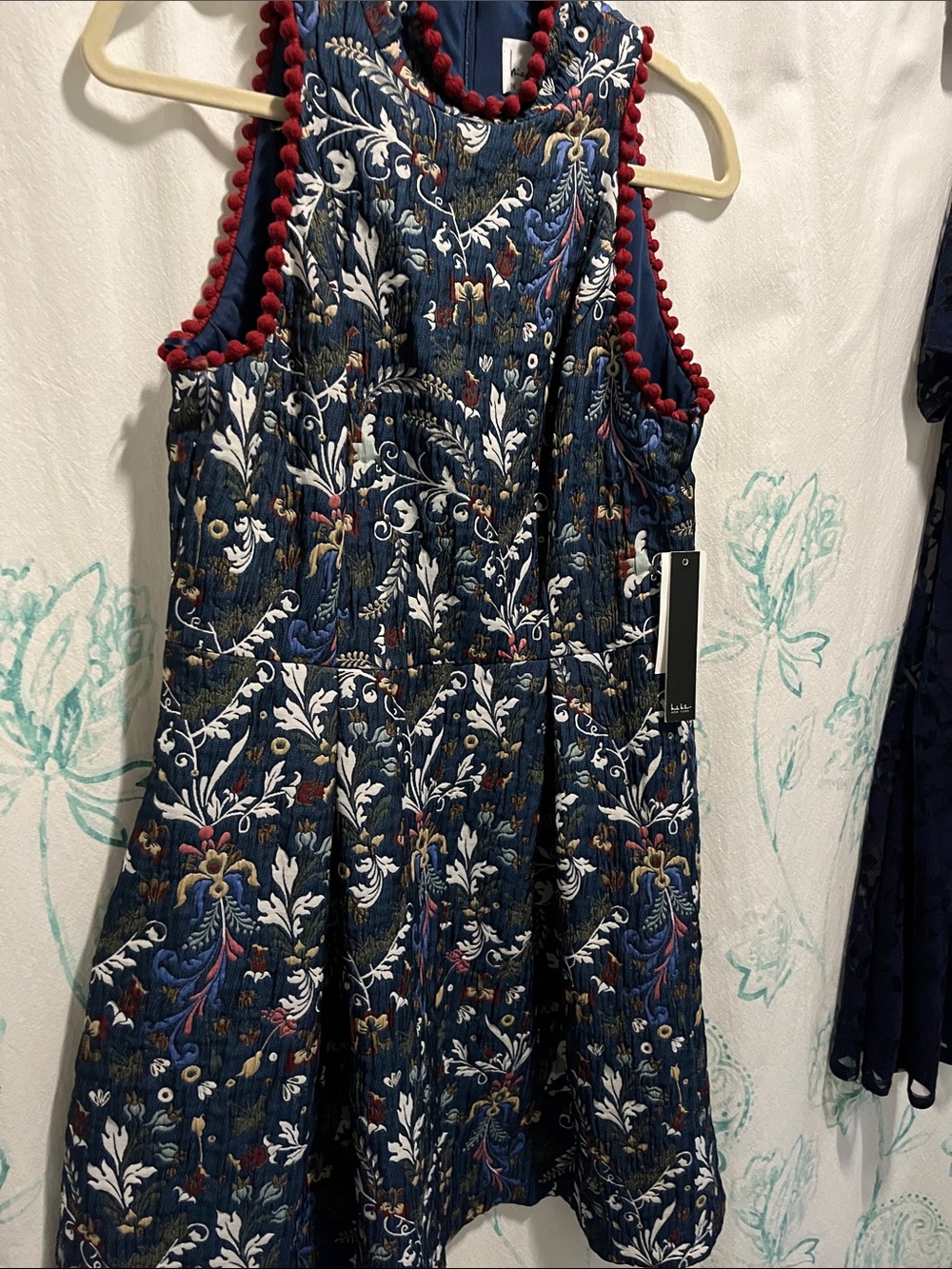 Nicole Miller Navy Floral Quilted Midi Dress with Red Pom-Pom Trim
